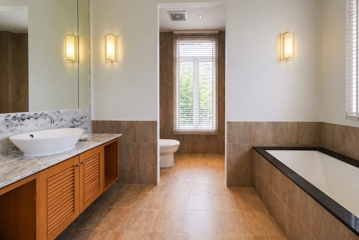 Bathroom with marble vanity and a deep soaking tub