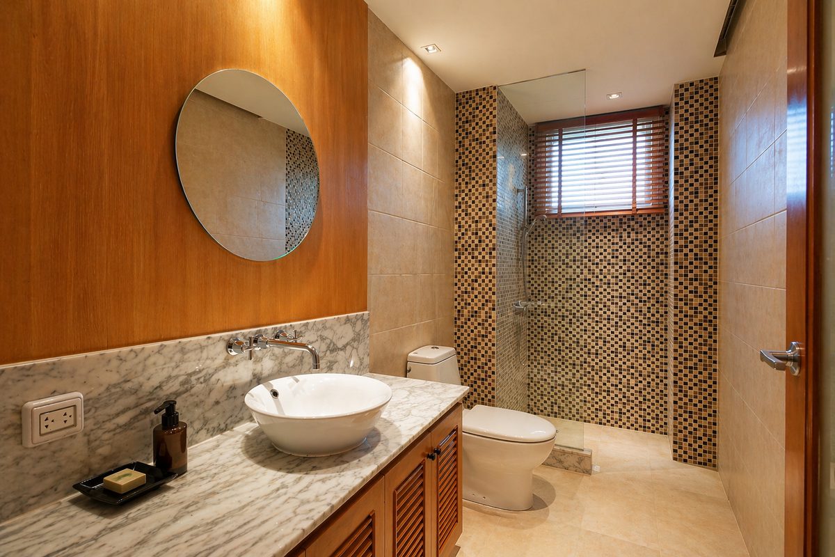 Bathroom with round mirror, vessel sink and mosaic-tiled shower
