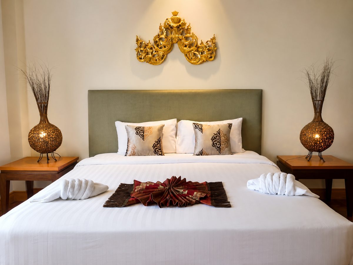 Bed styled with folded robes and lit reading lamps