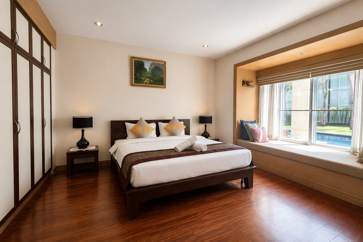 Upper-floor master bedroom with the pool visible through the bay window