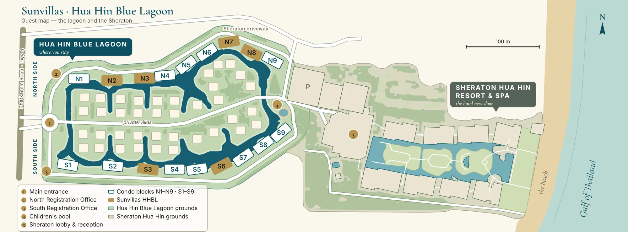 Guest map of the compound: Hua Hin Blue Lagoon on the left, with our gold buildings and the other blocks around the lagoon pool, the north side and the south side marked; the Sheraton Hua Hin on the right; the beach and the sea beyond it; and numbered points for the main entrance, the registration offices, the children's pool and the Sheraton lobby