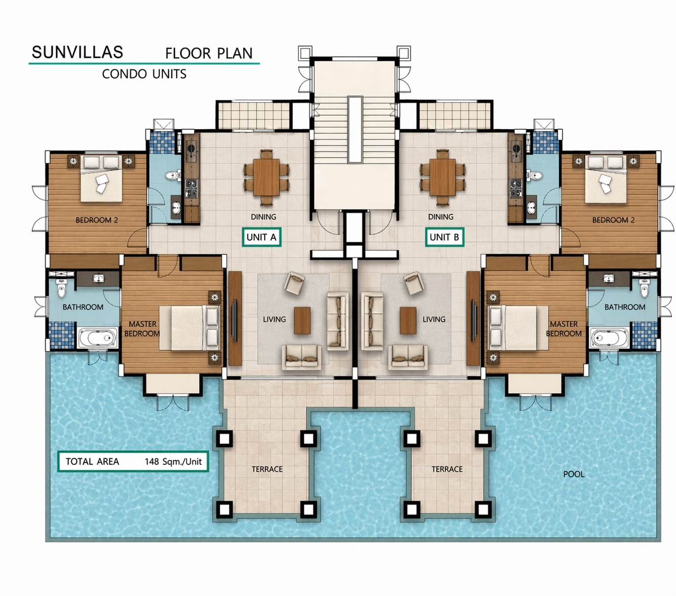 Floor plan showing Unit A and Unit B mirrored around the building entrance, each with two bedrooms, two bathrooms, open living-dining, kitchen and terrace