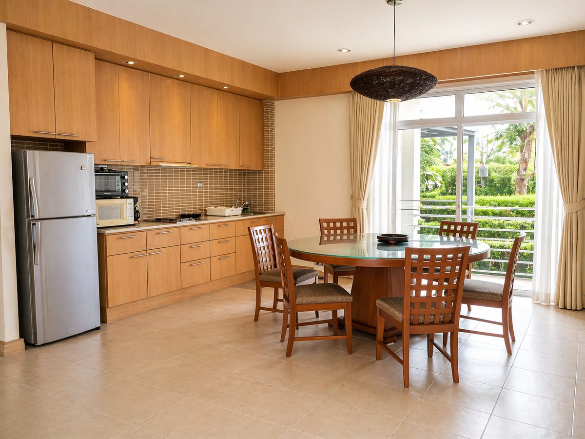 Full western kitchen with a round dining table set for six