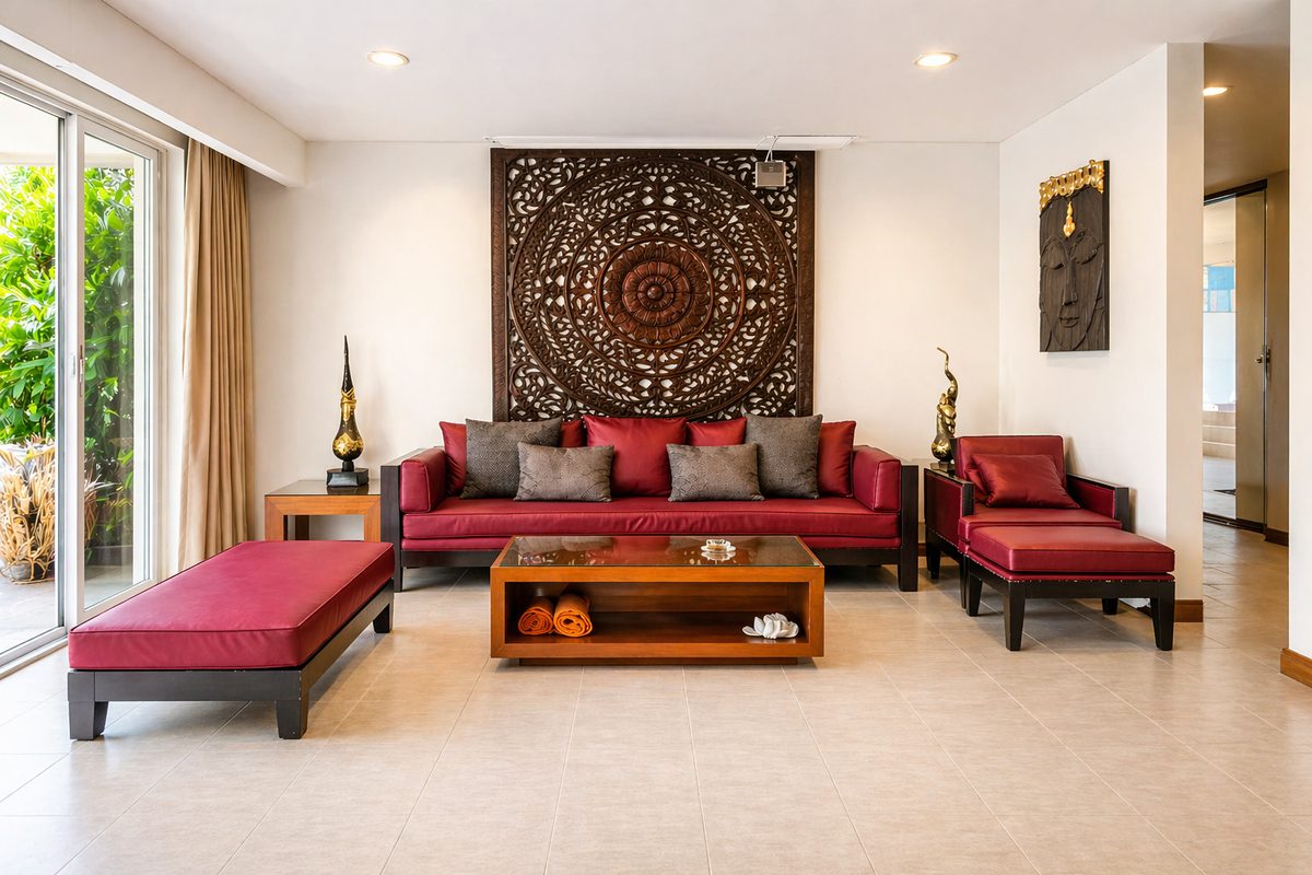 Living room with leather sofas and a carved Thai hardwood wall panel