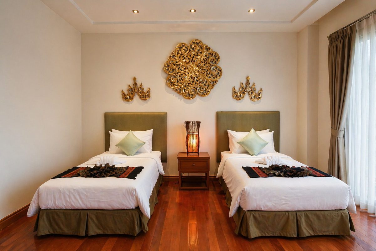 Second bedroom with twin beds and gold Thai wall art
